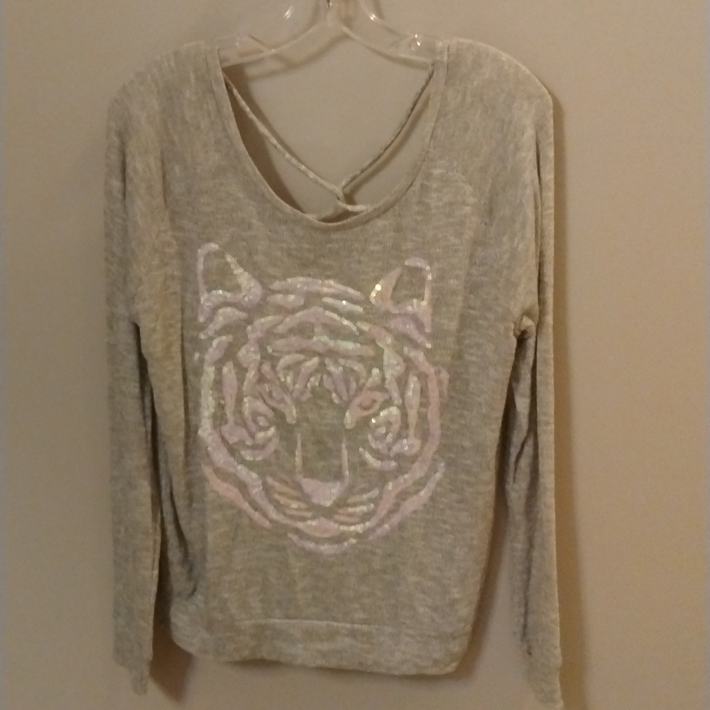 NWOT Aeropostal Kitty Sequin light weight sweater, criss cross back, size medium